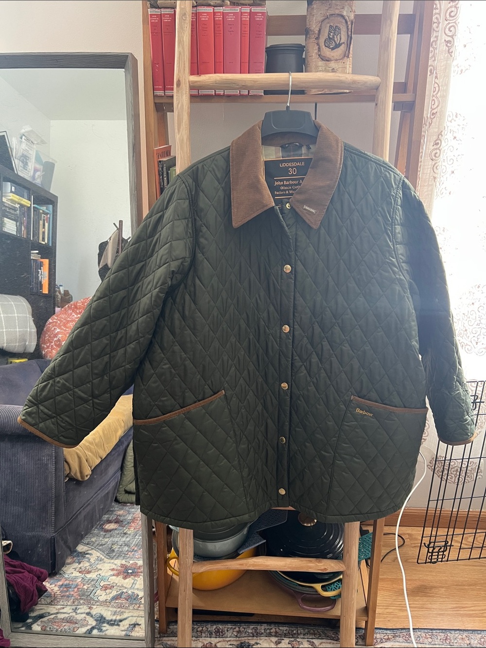 Barbour Dark Green Quilted Lightweight Jacket with Brown Cord Collar